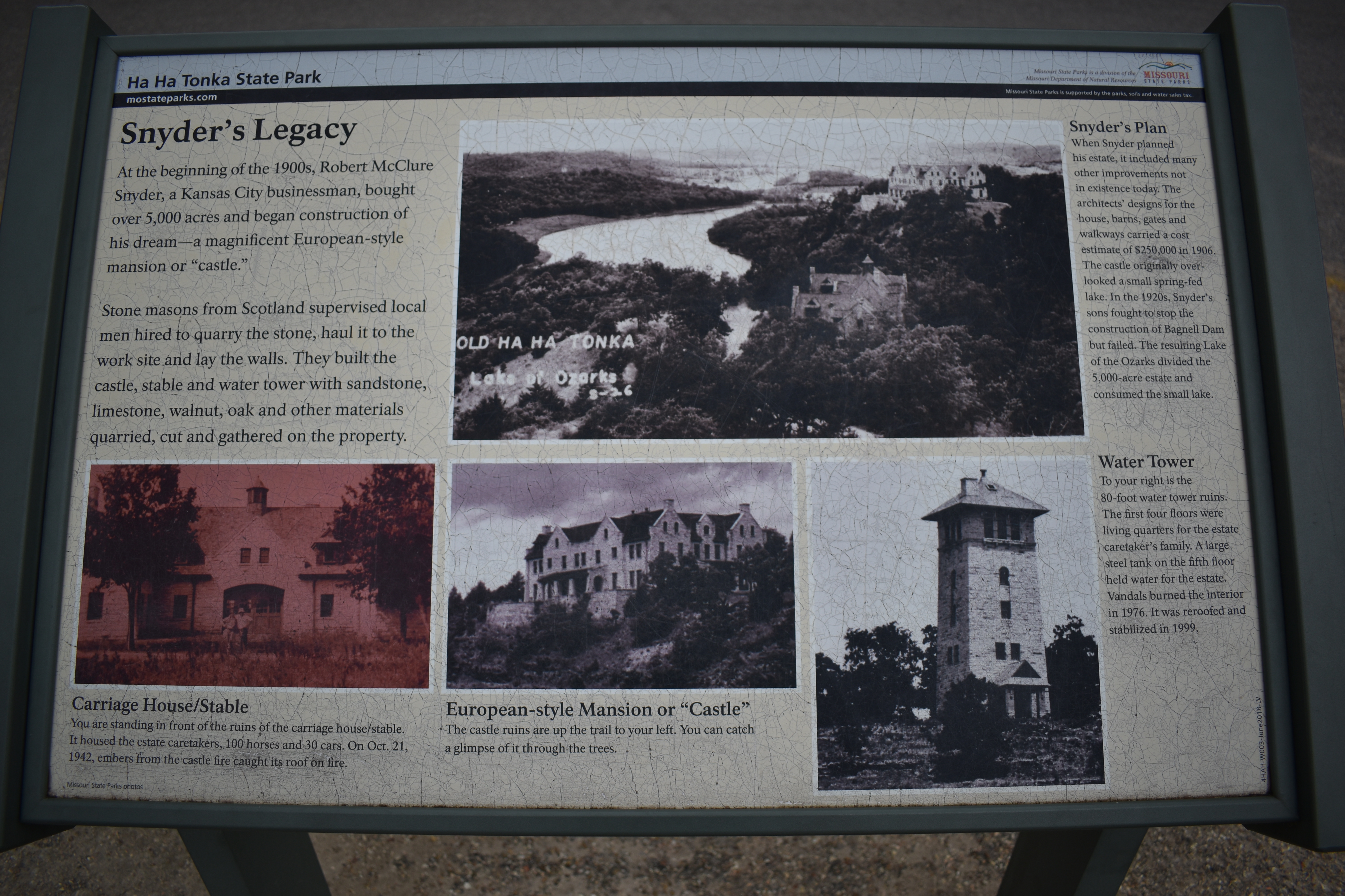 Ha Ha Tonka Castle Ruins Snyder's legacy sign with information