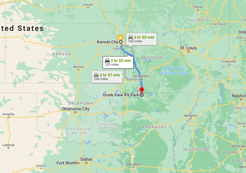 Route map from the Arkansas camping trip